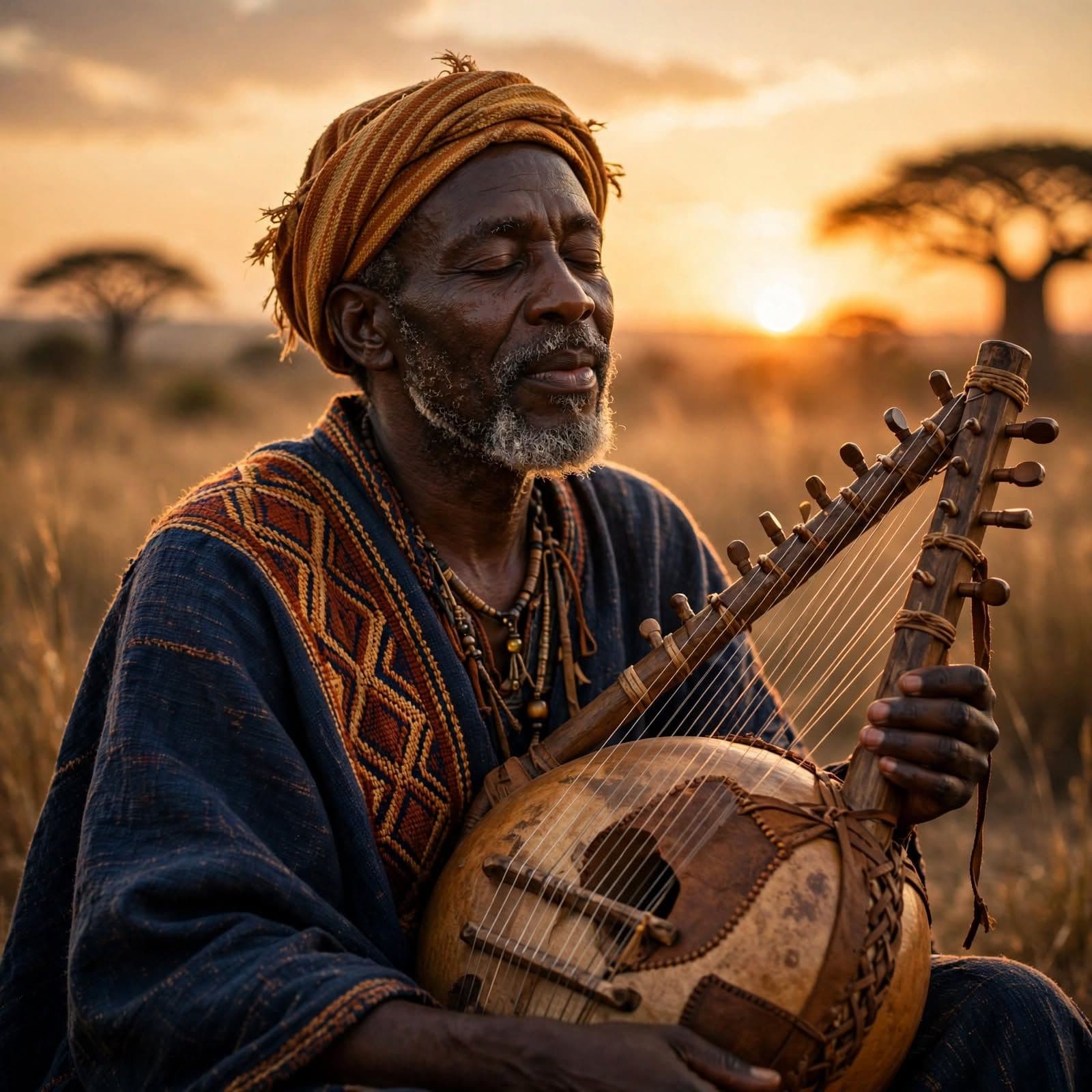 Soulful Griot Vocal Hum and Kora Sunset Harmony in Africa