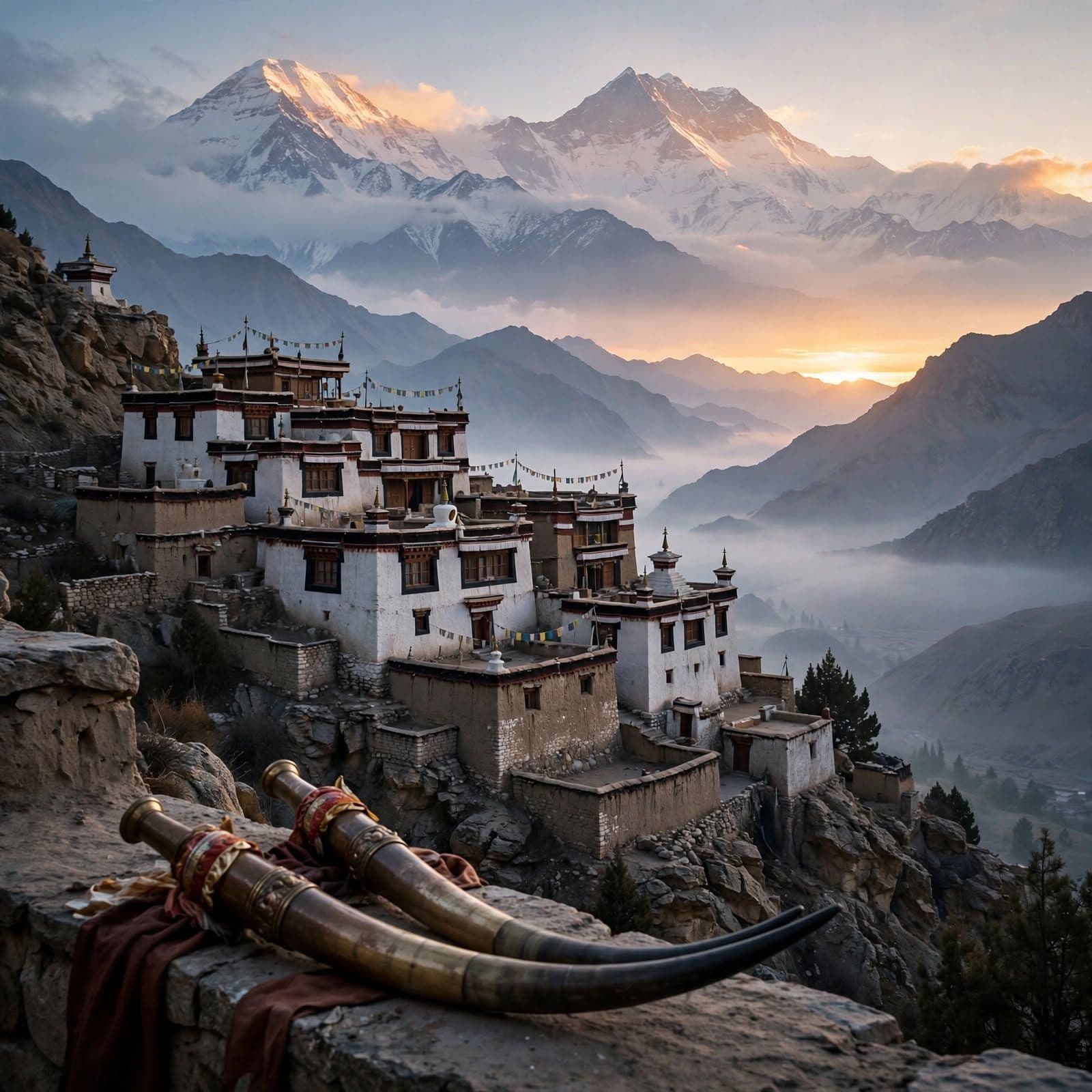 Ladakhi Monastery at Sunrise Dungchen Horns Buddhist Music